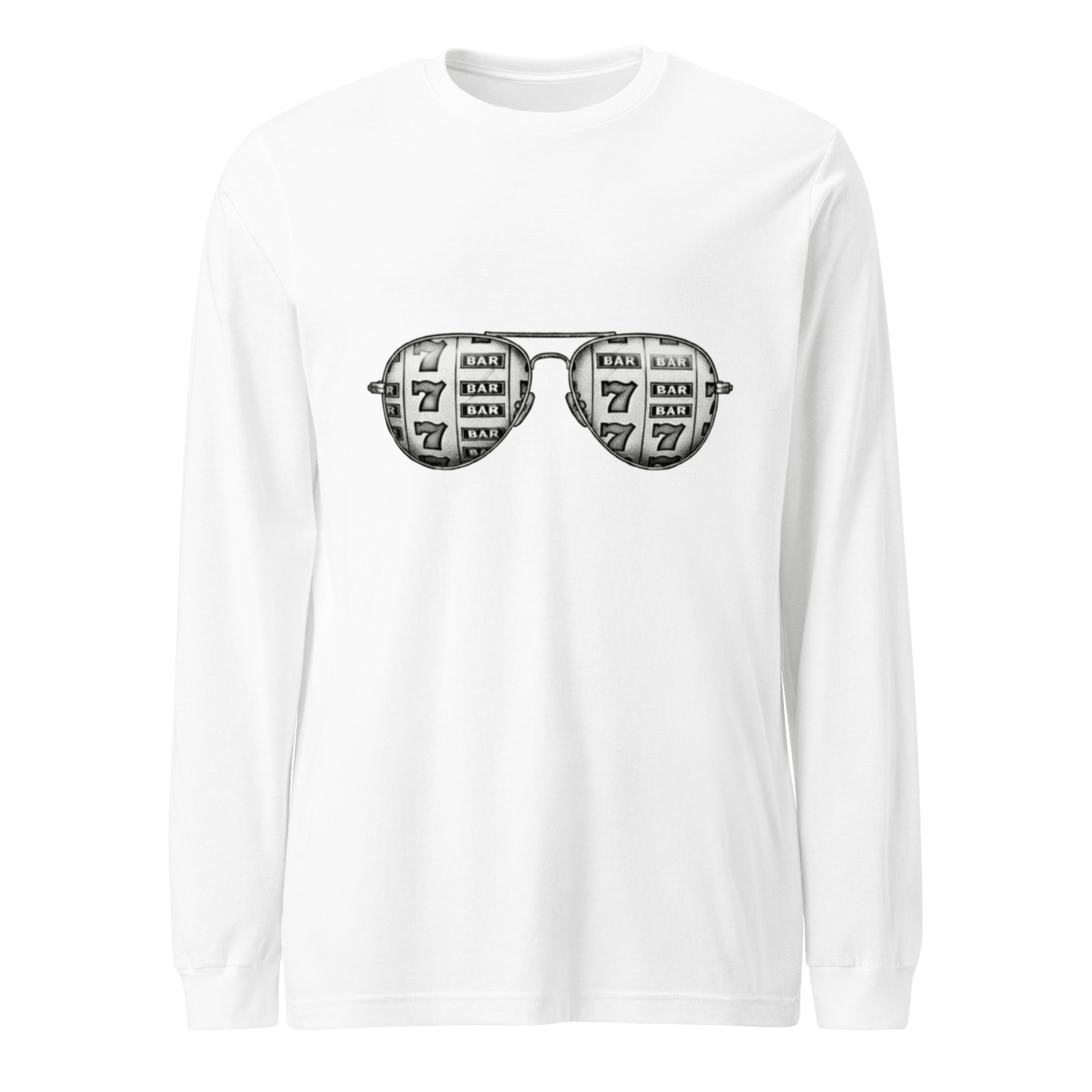 White long-sleeve shirt with slot machine-themed aviator glasses design featuring 7s and BAR symbols