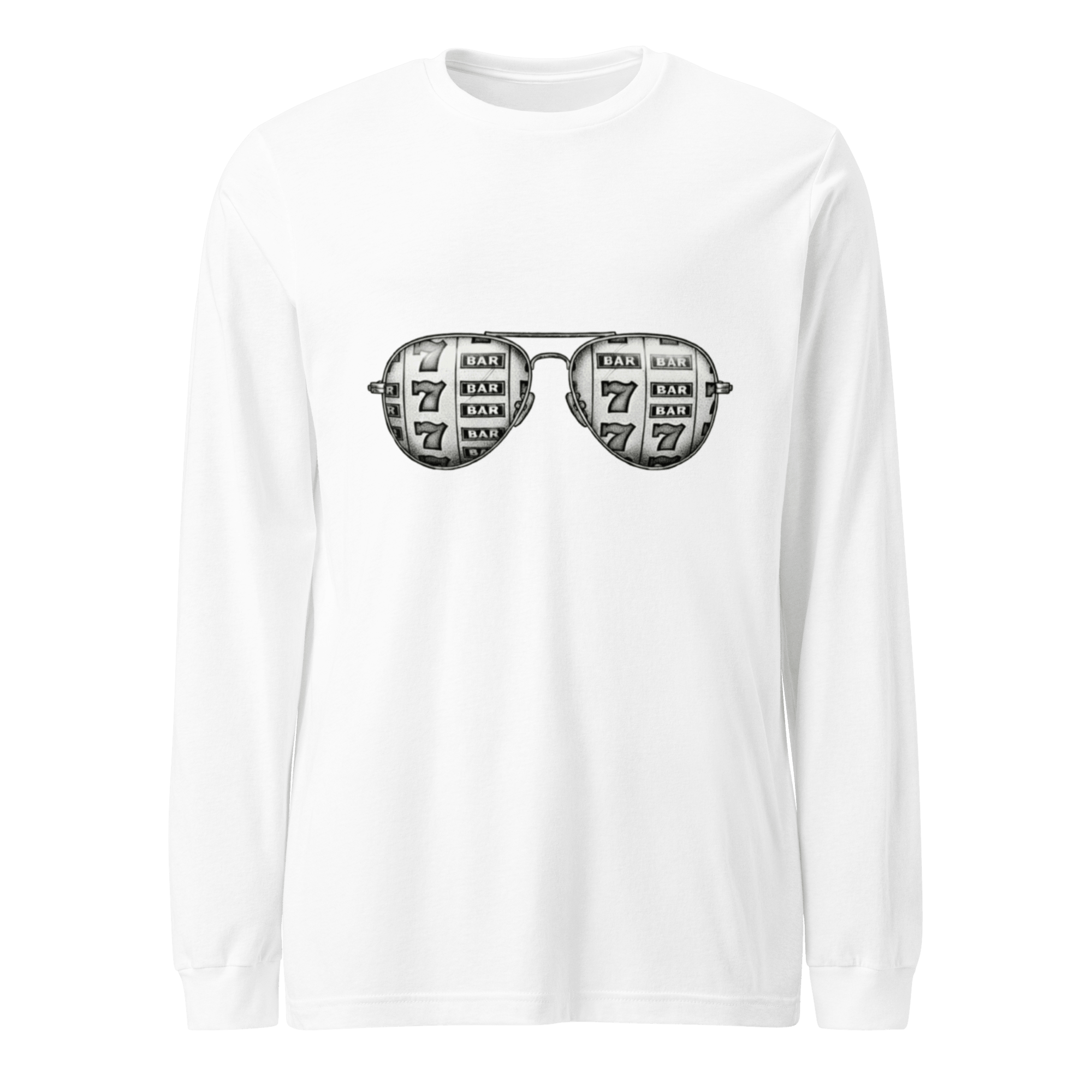 White long-sleeve shirt with slot machine-themed aviator glasses design featuring 7s and BAR symbols