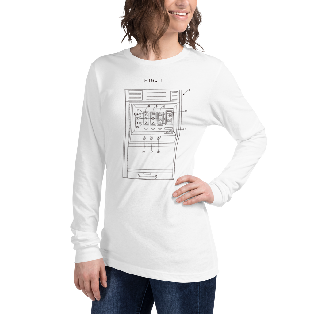 White long sleeve t-shirt with patent-style slot machine diagram graphic, FIG. 1, for casino enthusiasts
