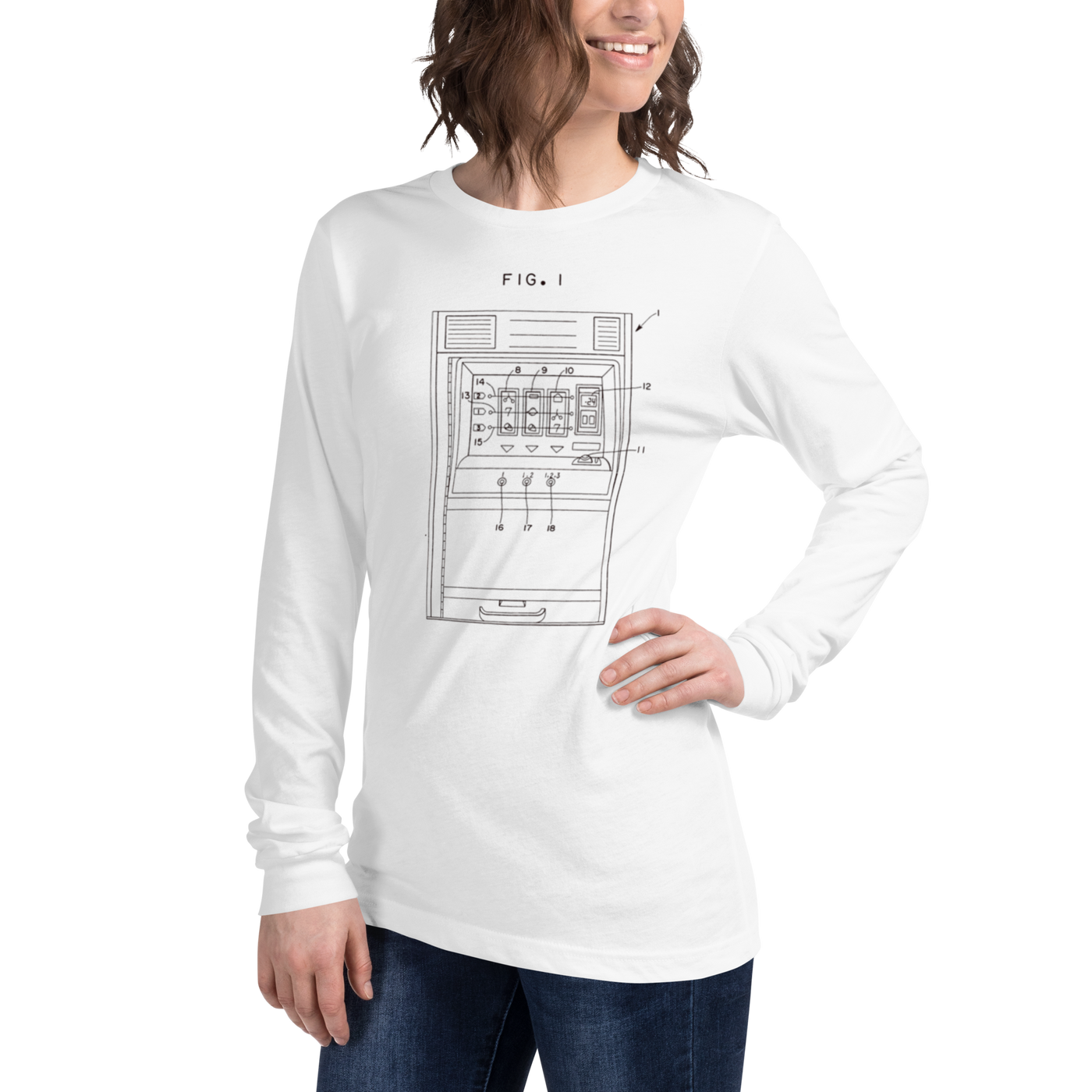 White long sleeve t-shirt with patent-style slot machine diagram graphic, FIG. 1, for casino enthusiasts