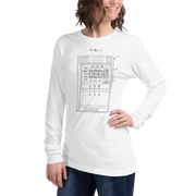 White long sleeve t-shirt with patent-style slot machine diagram graphic, FIG. 1, for casino enthusiasts