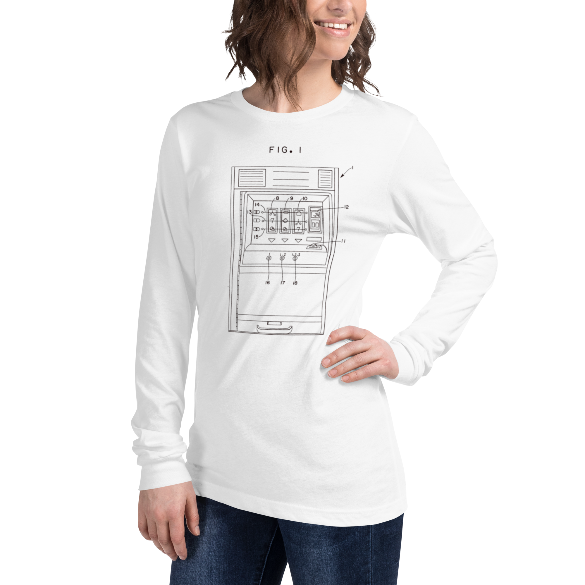 White long sleeve t-shirt with patent-style slot machine diagram graphic, FIG. 1, for casino enthusiasts
