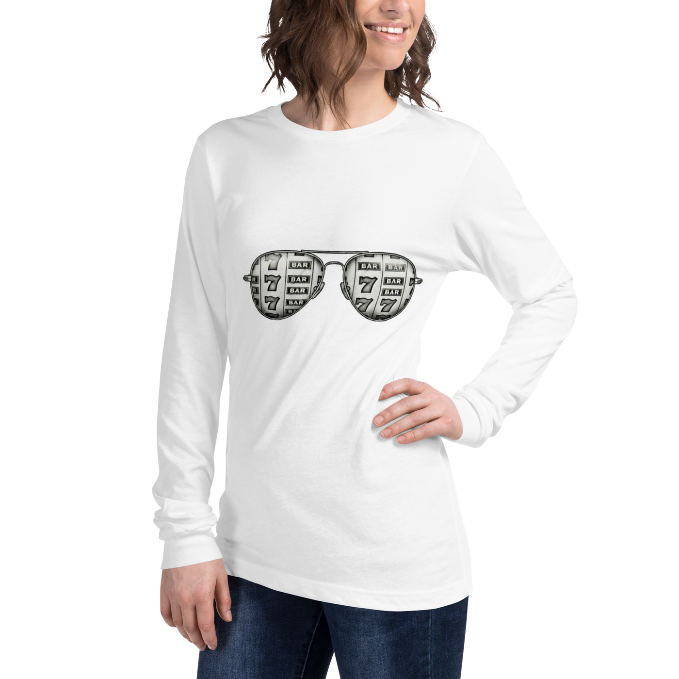 White long sleeve shirt with slot machine sunglasses graphic, featuring lucky 7s and BAR symbols for casino fans