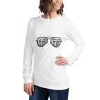 White long sleeve shirt with slot machine sunglasses graphic, featuring lucky 7s and BAR symbols for casino fans