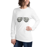 White long sleeve shirt with slot machine sunglasses graphic, featuring lucky 7s and BAR symbols for casino fans