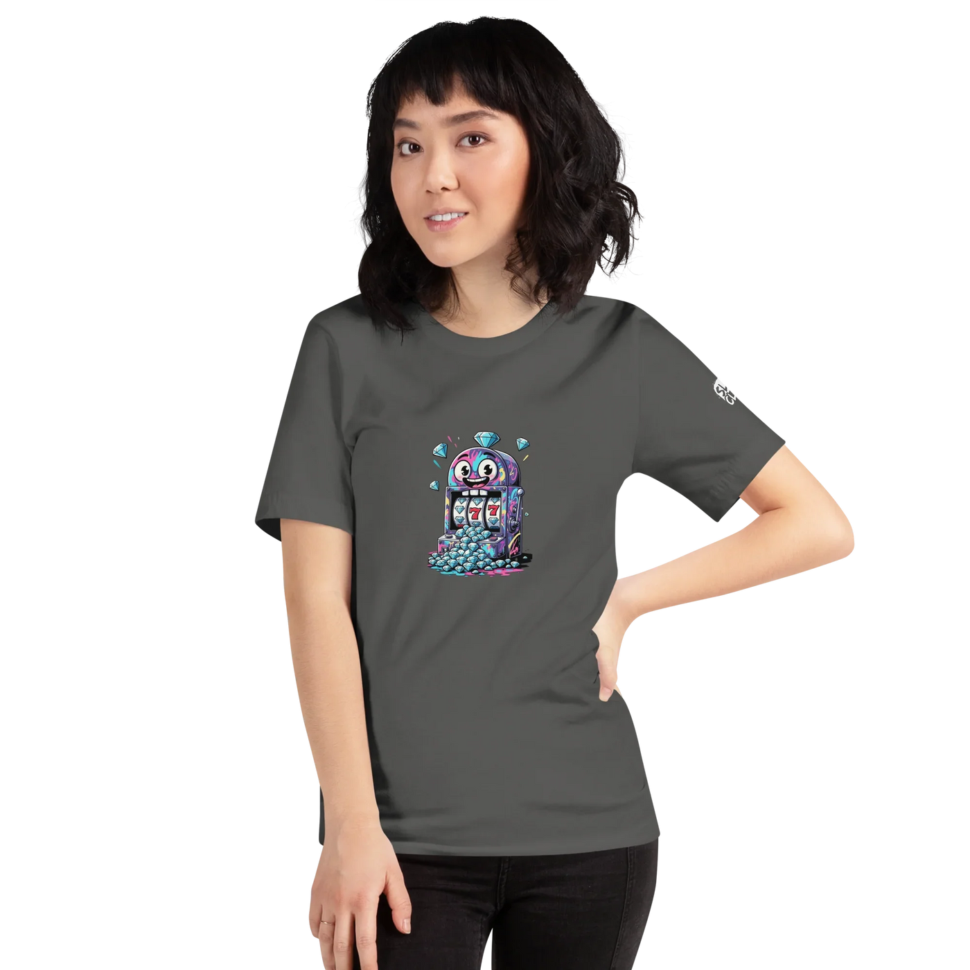 Woman wearing dark gray t-shirt with colorful slot machine graphic, featuring lucky 7s and diamonds, perfect for casino fans.