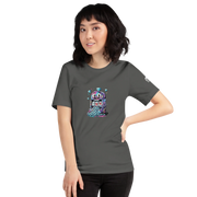 Woman wearing dark gray t-shirt with colorful slot machine graphic, featuring lucky 7s and diamonds, perfect for casino fans.