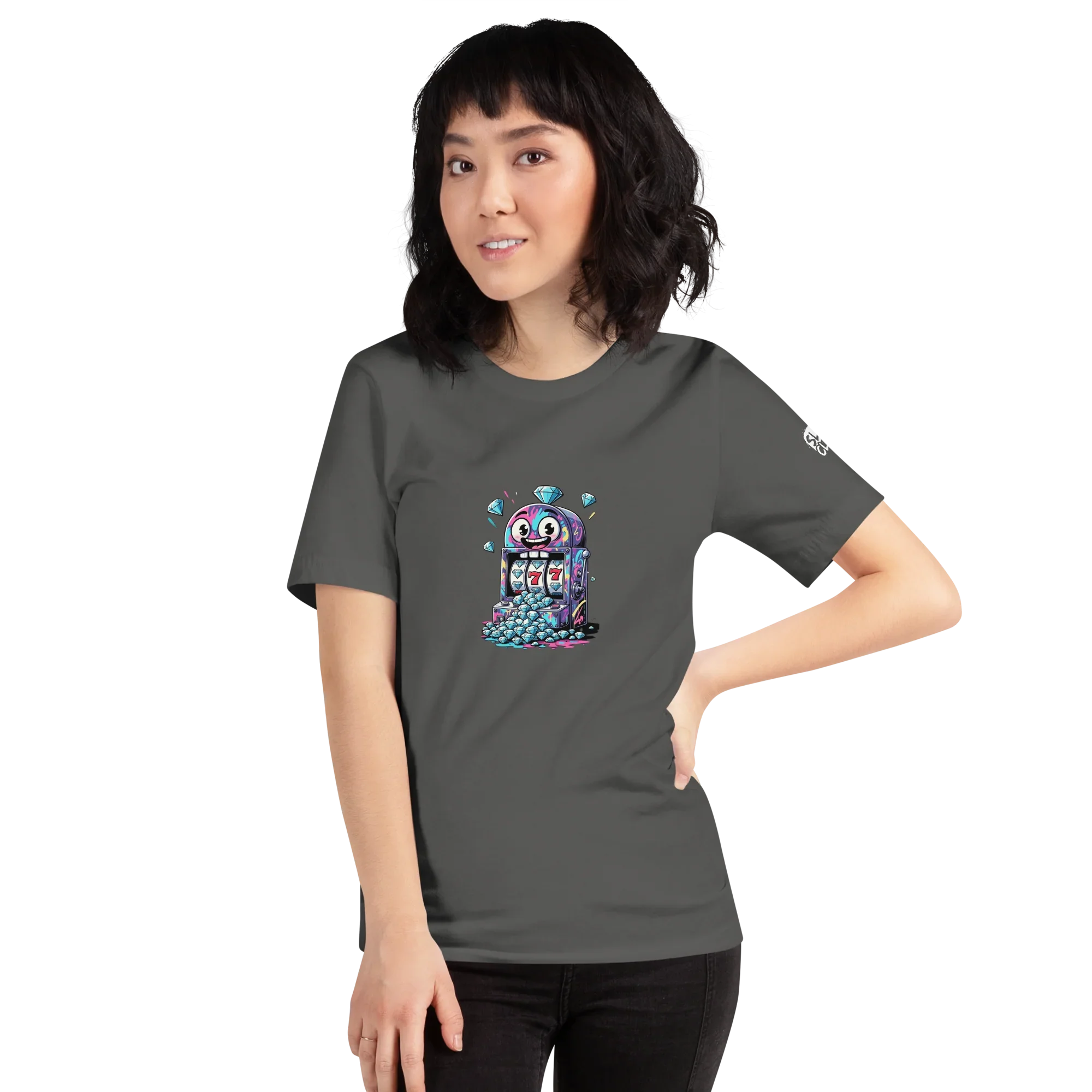 Woman wearing dark gray t-shirt with colorful slot machine graphic, featuring lucky 7s and diamonds, perfect for casino fans.