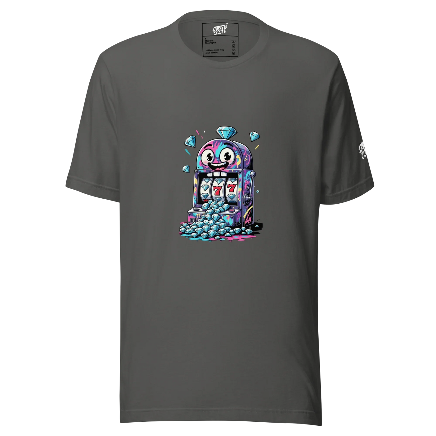 Gray t-shirt with colorful slot machine graphic, diamonds, and lucky 7s for casino fans