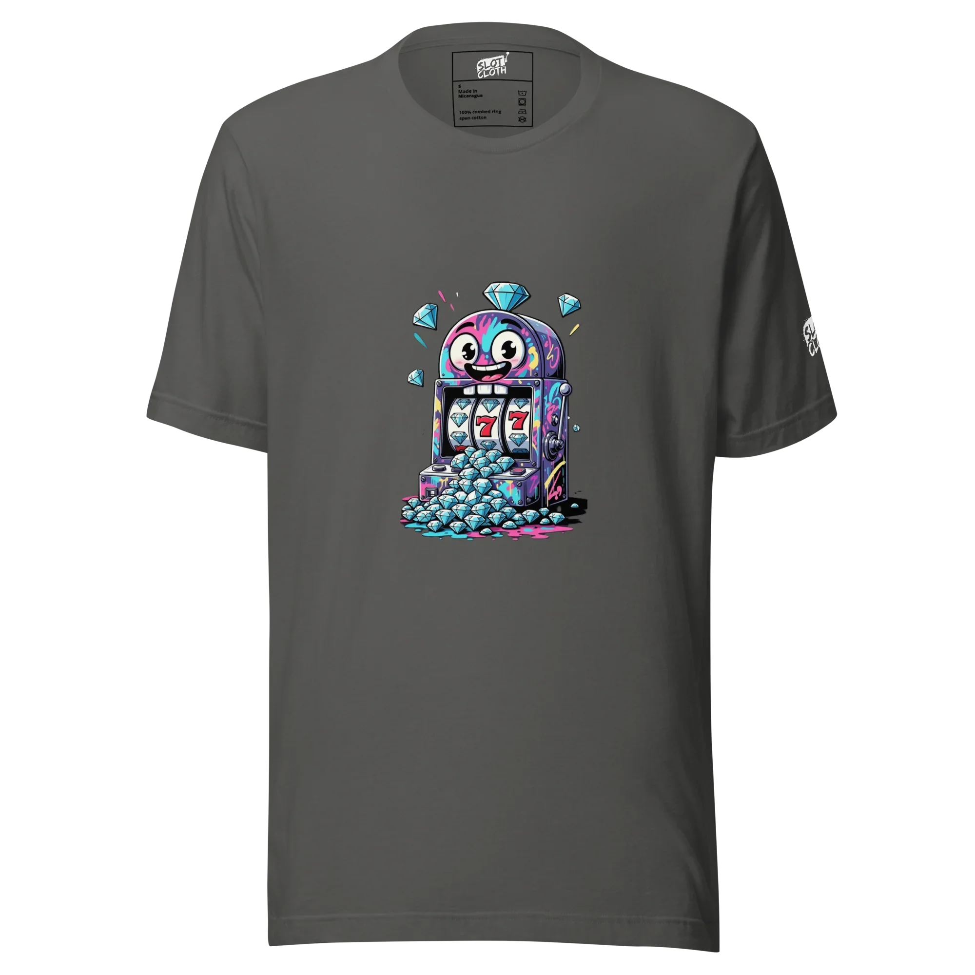 Gray t-shirt with colorful slot machine graphic, diamonds, and lucky 7s for casino fans