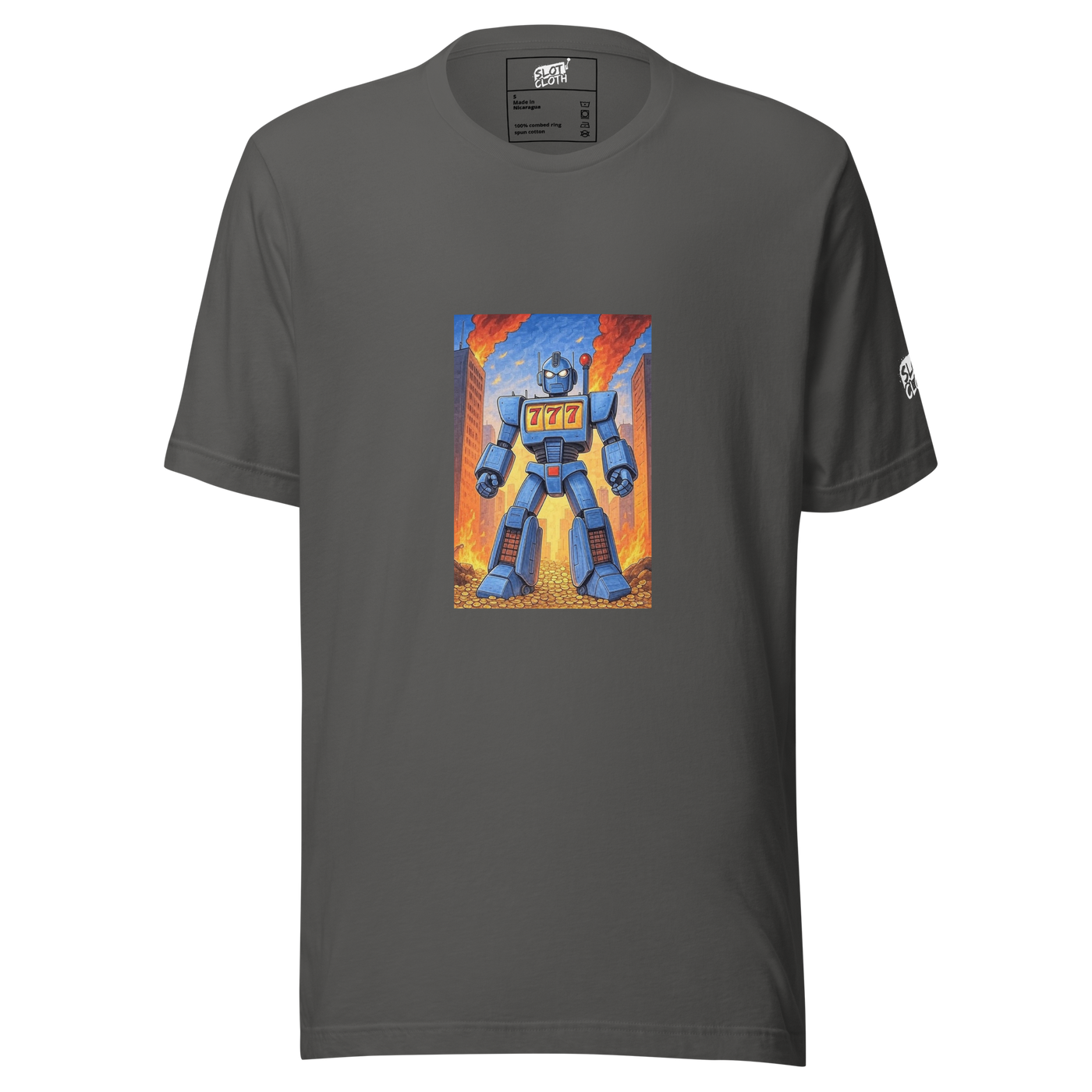 Gray t-shirt with blue robot design featuring 777, ideal for slot-themed fashion lovers