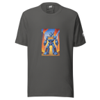 Gray t-shirt with blue robot design featuring 777, ideal for slot-themed fashion lovers