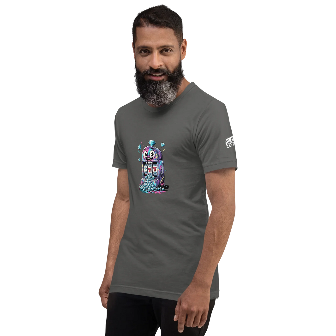 Man wearing gray t-shirt with quirky slot machine graphic, featuring lucky 7s and diamonds design