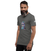 Man wearing gray t-shirt with quirky slot machine graphic, featuring lucky 7s and diamonds design