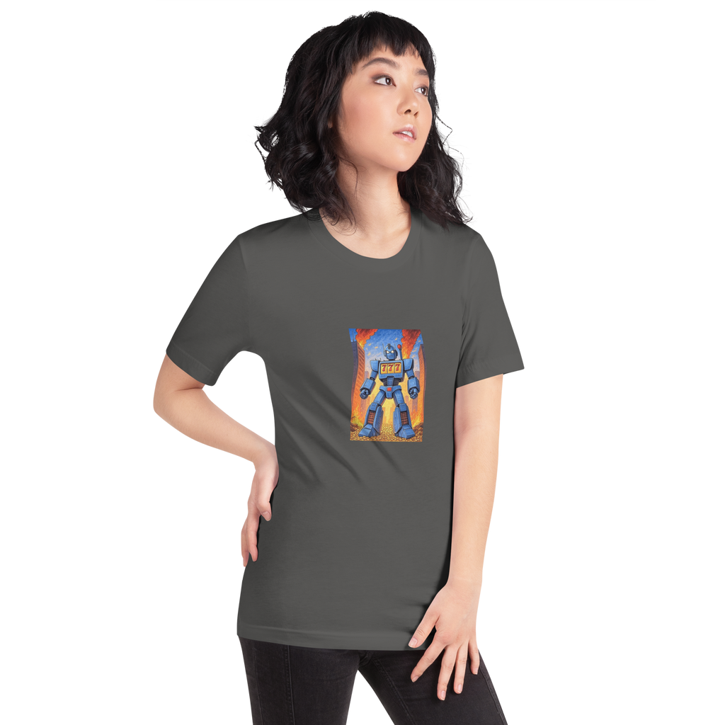 Woman wearing dark gray t-shirt with blue robot and 777 slot machine graphic, quirky gaming apparel