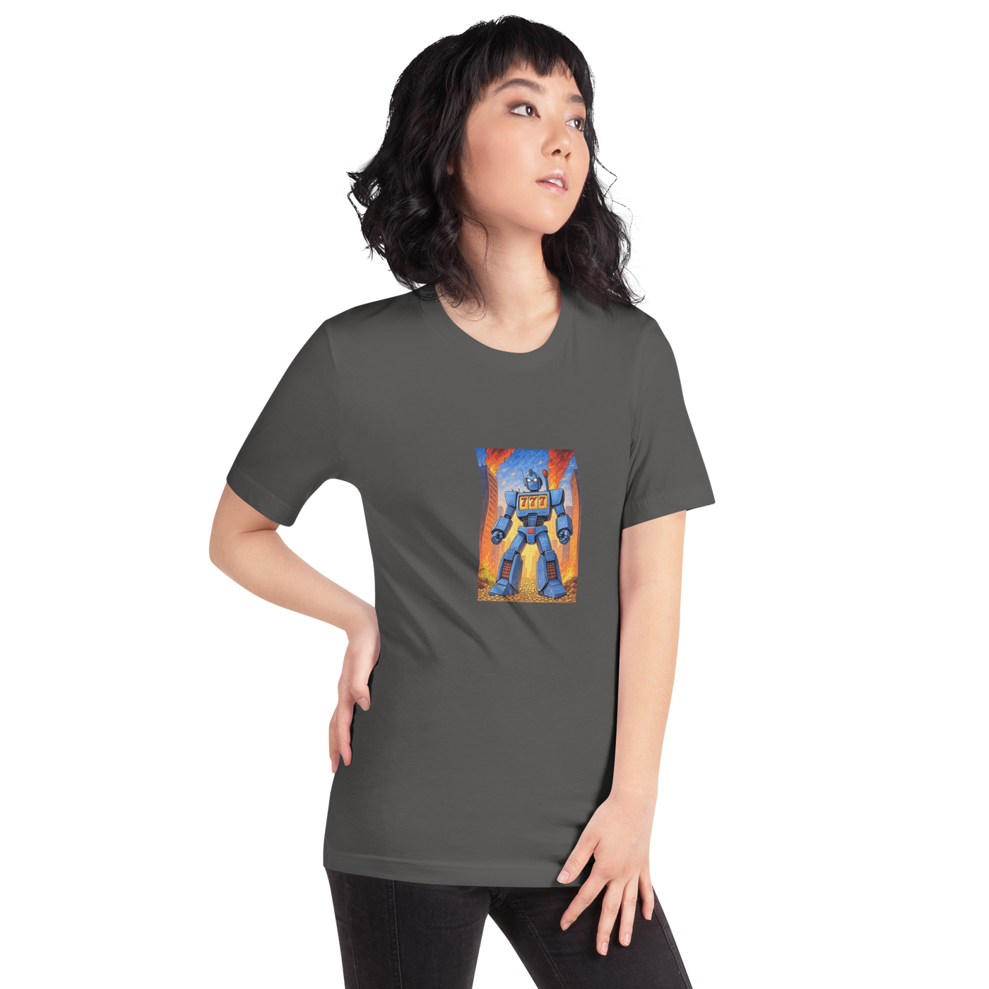 Woman wearing dark gray t-shirt with blue robot and 777 slot machine graphic, quirky gaming apparel
