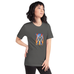 Woman wearing dark gray t-shirt with blue robot and 777 slot machine graphic, quirky gaming apparel