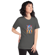 Woman wearing dark gray t-shirt with blue robot and 777 slot machine graphic, quirky gaming apparel