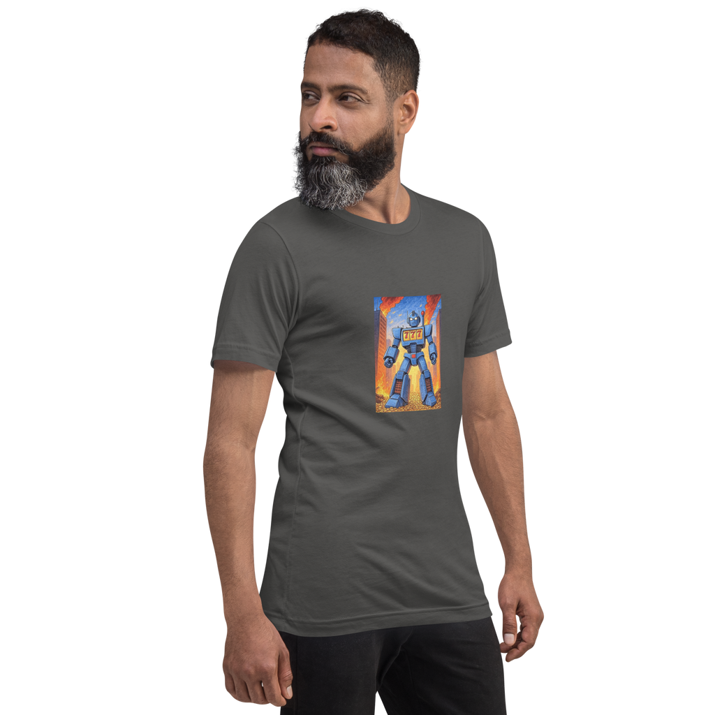 Man wearing gray t-shirt with blue robot and 777 slot design