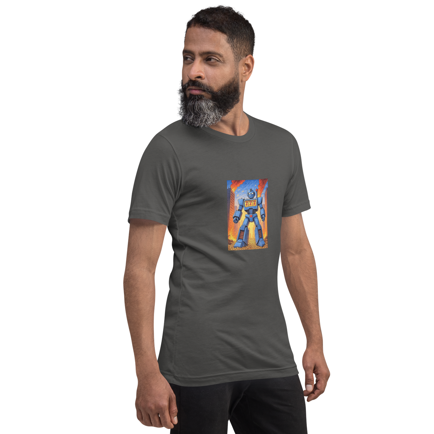 Man wearing gray t-shirt with blue robot and 777 slot design