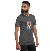 Man wearing gray t-shirt with blue robot and 777 slot design