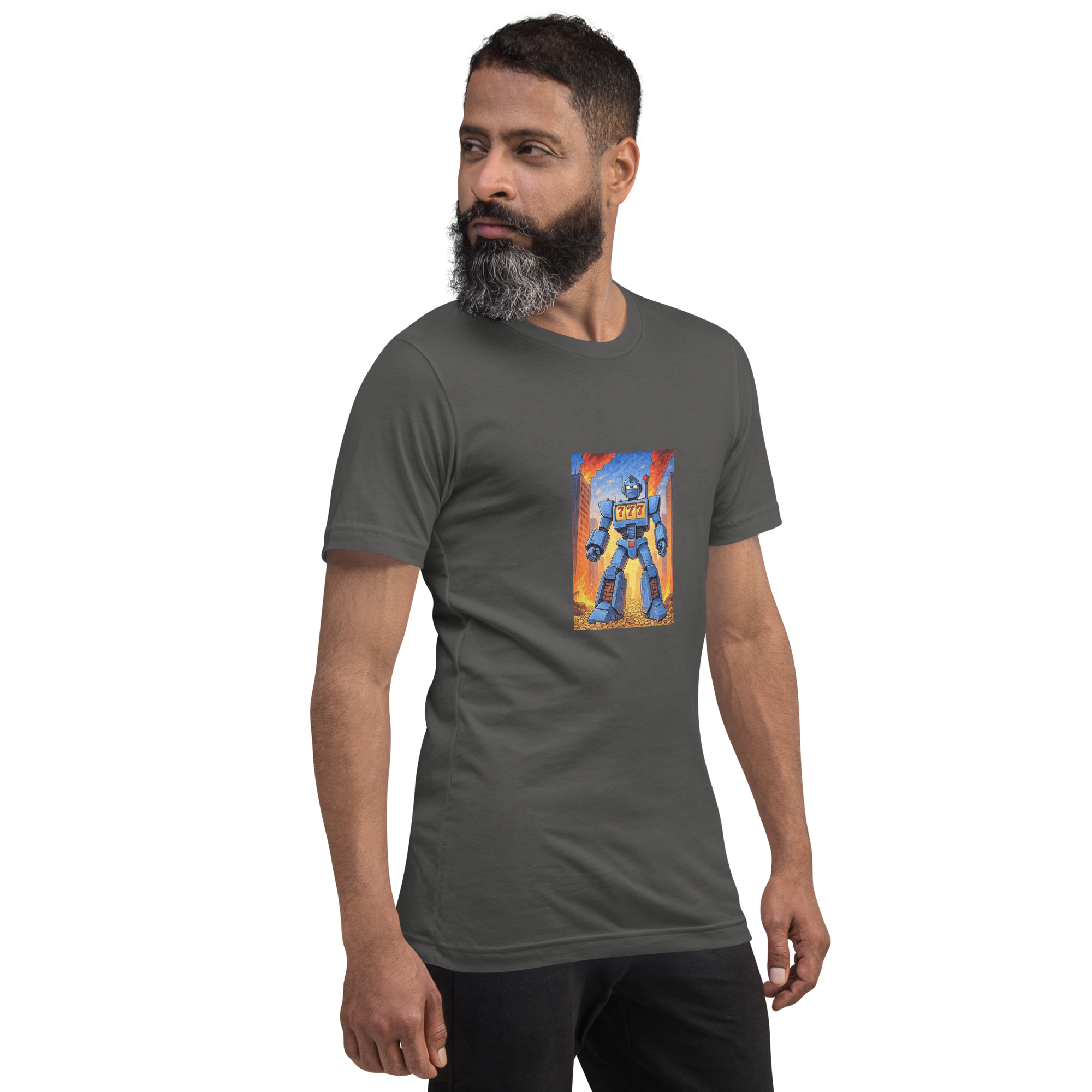 Man wearing gray t-shirt with blue robot and 777 slot design
