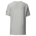 Gray slot-themed t-shirt with small black logo on sleeve, smart quirky design for players