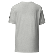Gray slot-themed t-shirt with small black logo on sleeve, smart quirky design for players