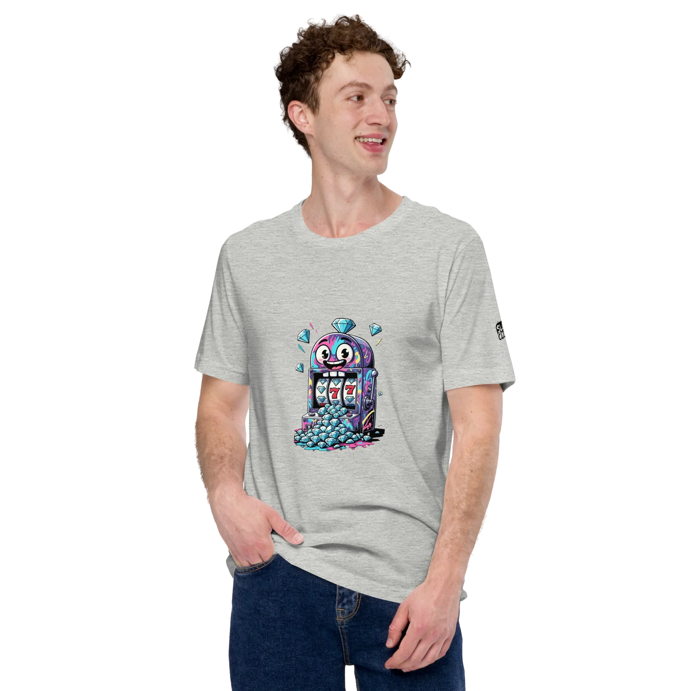 Man wearing gray t-shirt with colorful slot machine graphic, featuring lucky 7s and diamonds, perfect for casino fans.
