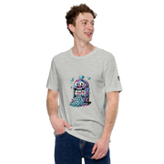 Man wearing gray t-shirt with colorful slot machine graphic, featuring lucky 7s and diamonds, perfect for casino fans.