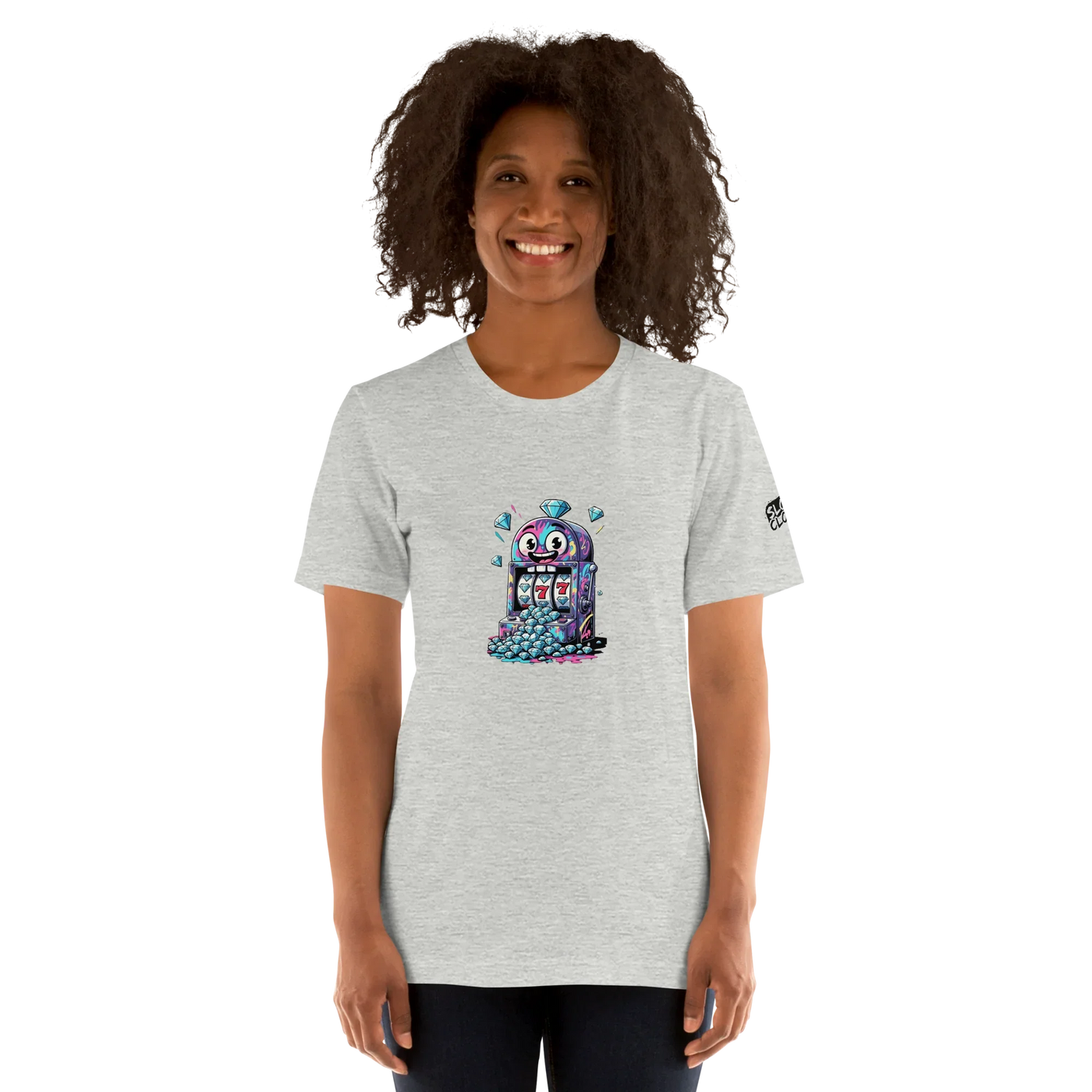 Gray t-shirt with quirky slot machine design featuring 777 and diamonds for players and pros