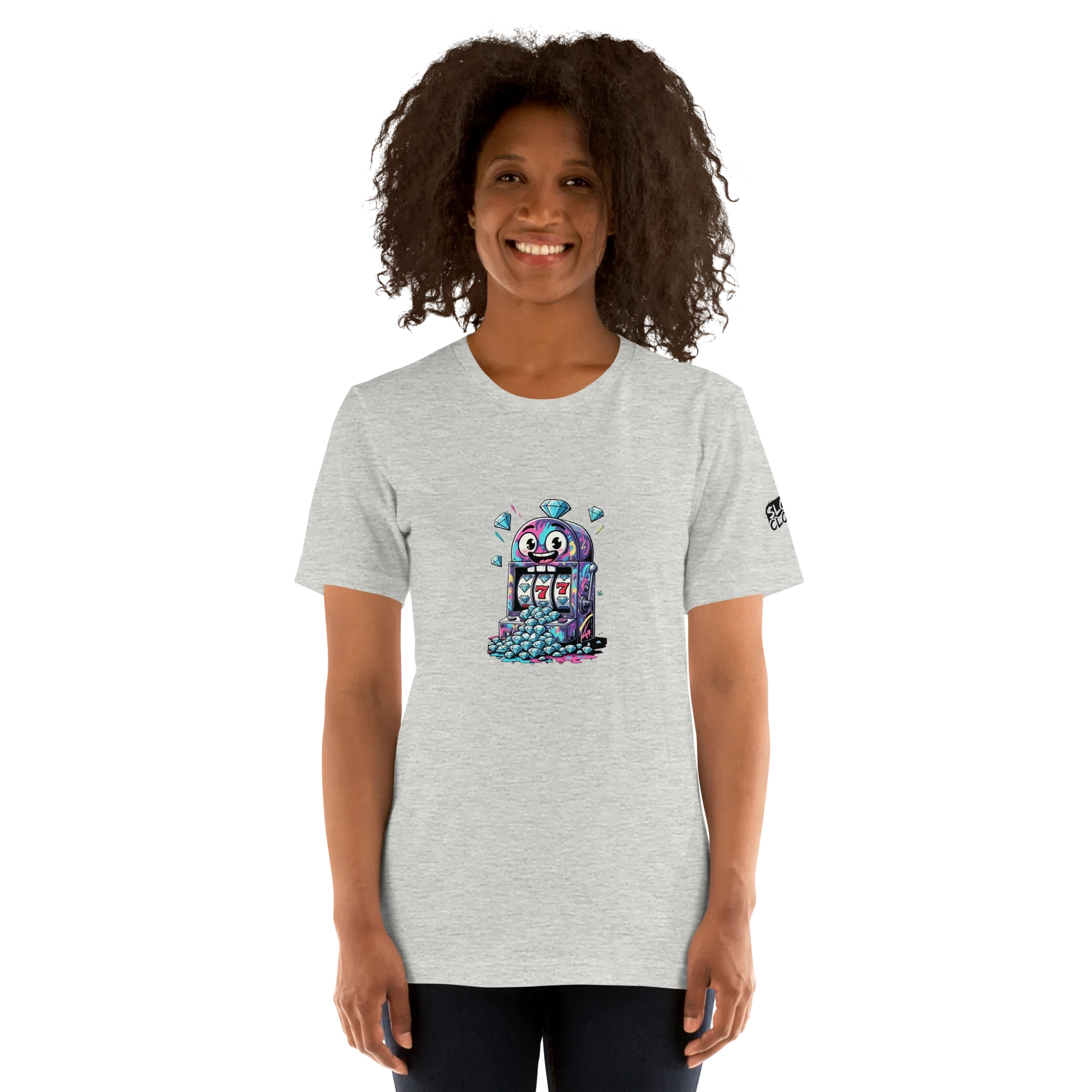 Gray t-shirt with quirky slot machine design featuring 777 and diamonds for players and pros
