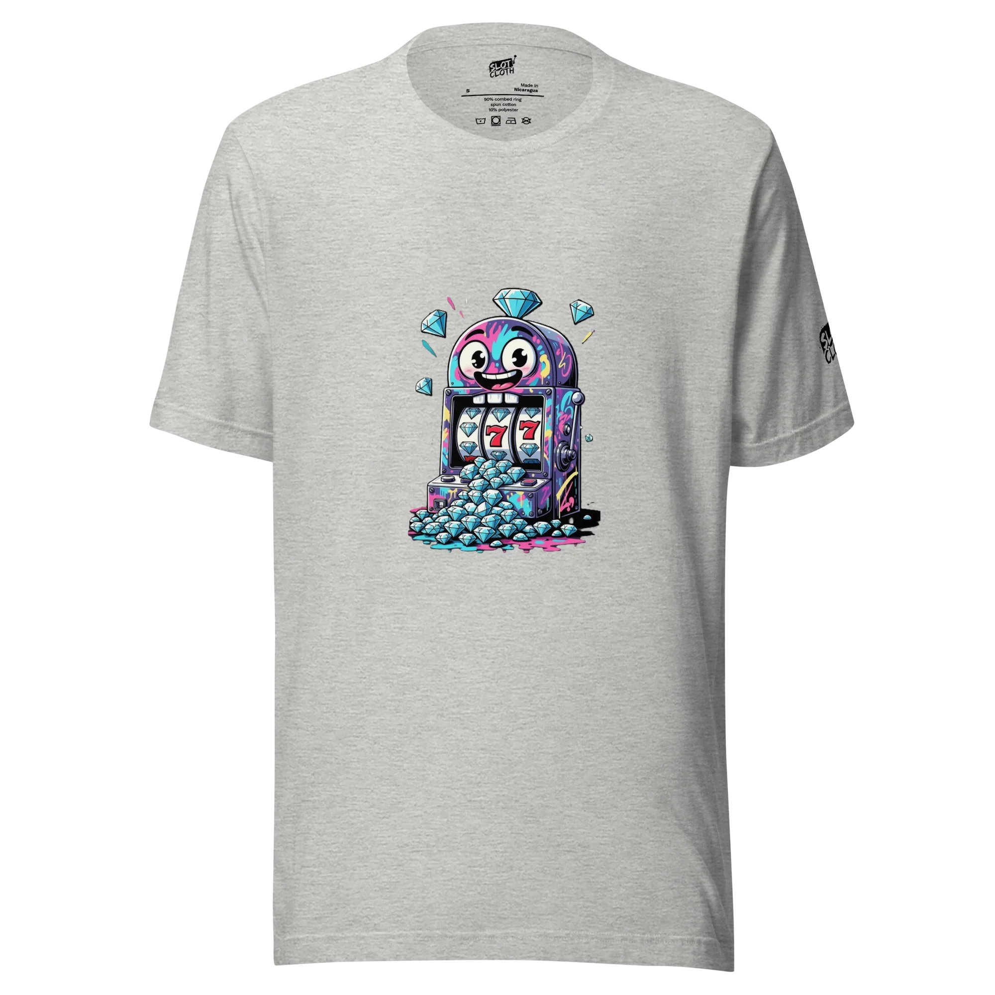 Gray t-shirt with colorful slot machine graphic, diamonds, and lucky 7s for casino lovers