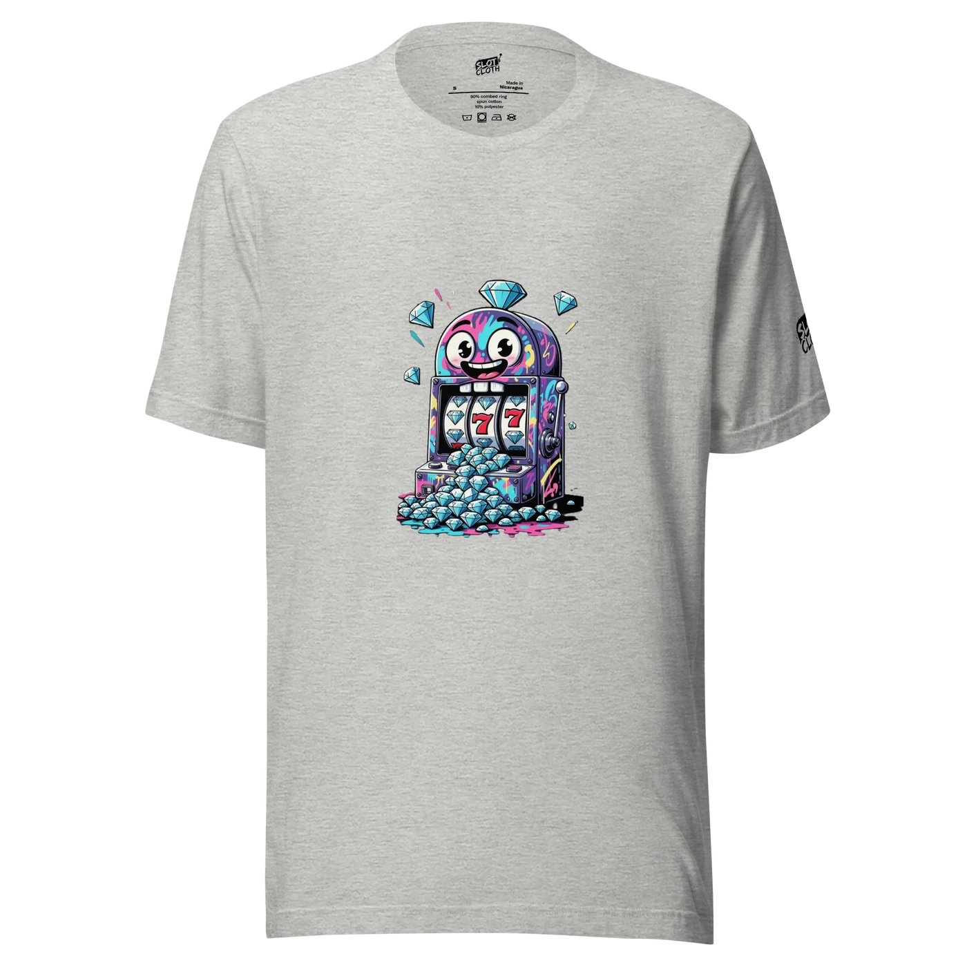 Gray t-shirt with colorful slot machine graphic, diamonds, and lucky 7s for casino lovers