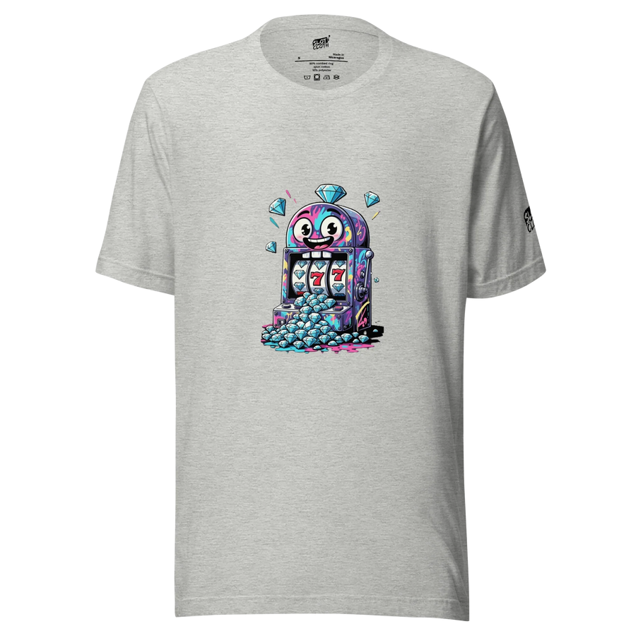 Gray t-shirt with colorful slot machine graphic, diamonds, and lucky 7s for casino lovers