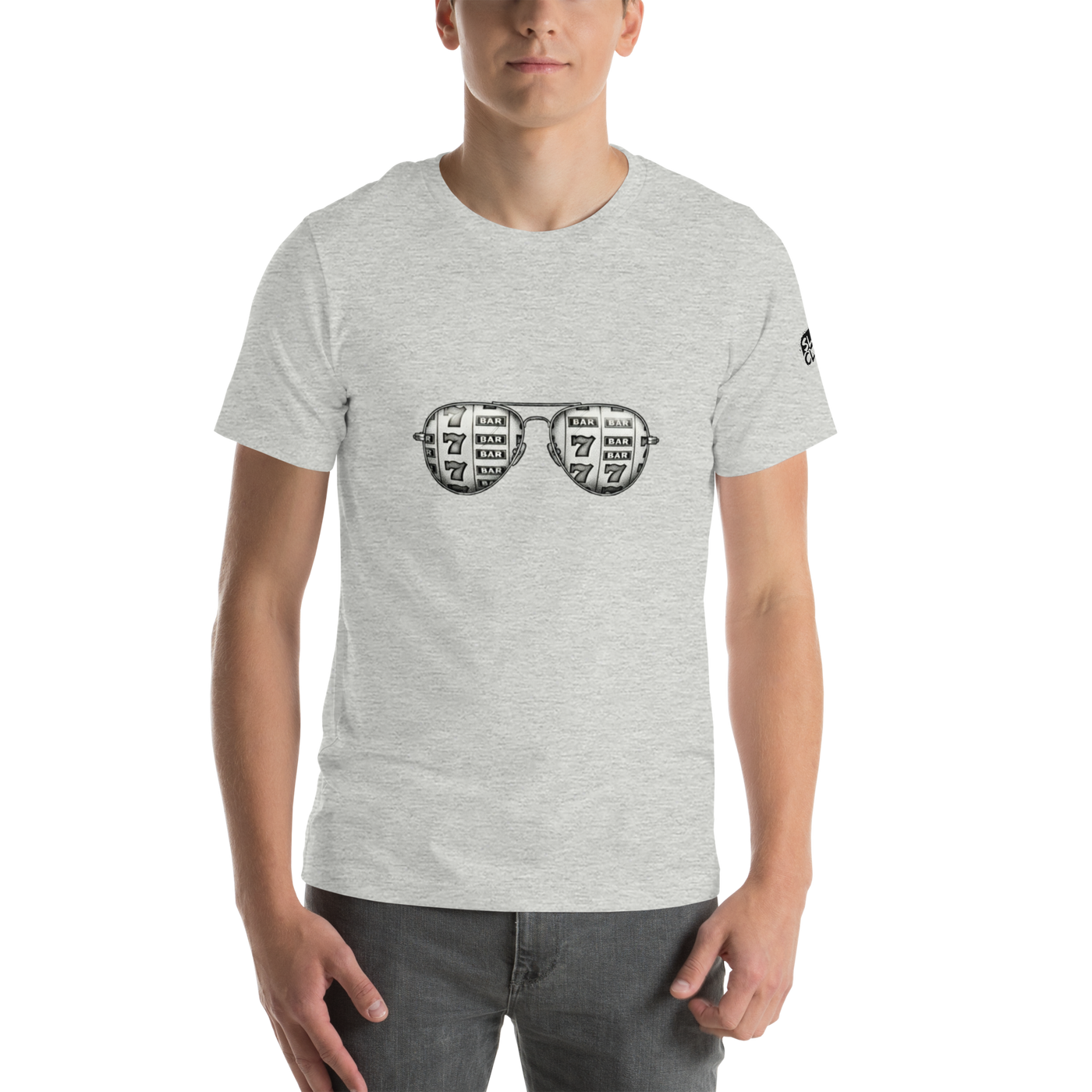 Gray t-shirt with slot machine-themed aviator sunglasses graphic, featuring 7s and BAR symbols for casino lovers
