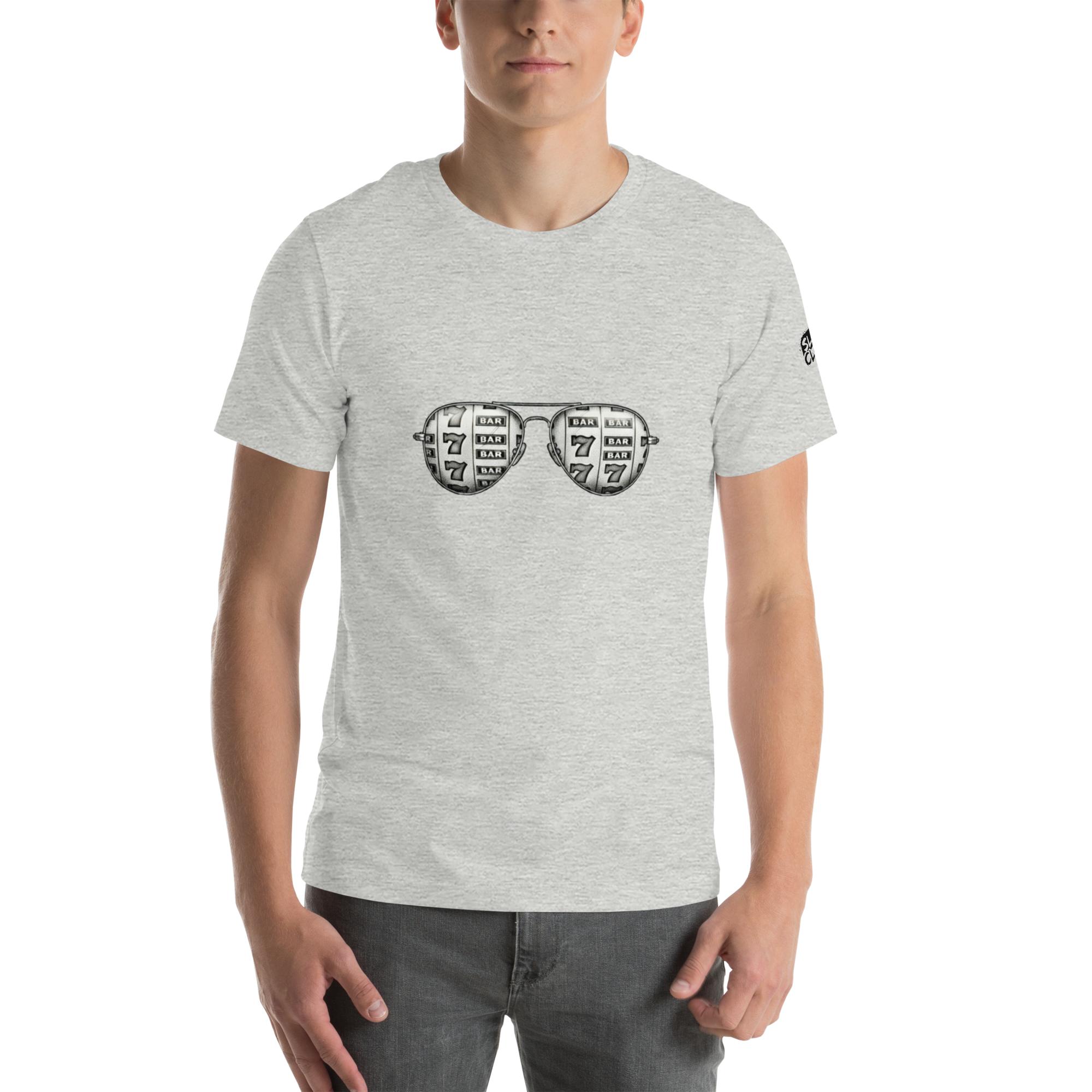 Gray t-shirt with slot machine-themed aviator sunglasses graphic, featuring 7s and BAR symbols for casino lovers