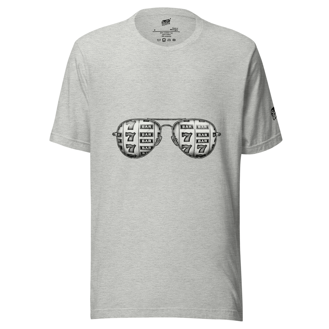 Gray t-shirt with slot machine sunglasses graphic, featuring 7s and BAR symbols for casino-themed fashion.