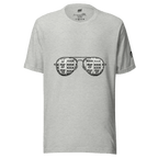 Gray t-shirt with slot machine sunglasses graphic, featuring 7s and BAR symbols for casino-themed fashion.