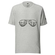 Gray t-shirt with slot machine sunglasses graphic, featuring 7s and BAR symbols for casino-themed fashion.