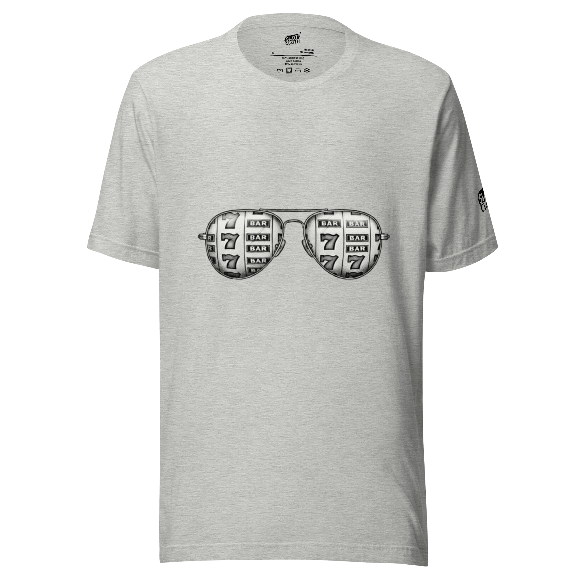 Gray t-shirt with slot machine sunglasses graphic, featuring 7s and BAR symbols for casino-themed fashion.