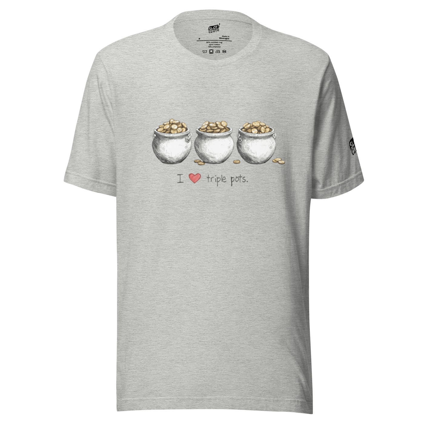 Gray t-shirt with 'I ❤️ triple pots' graphic, three pots of gold coins, slot-themed design for players