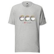 Gray t-shirt with 'I ❤️ triple pots' graphic, three pots of gold coins, slot-themed design for players