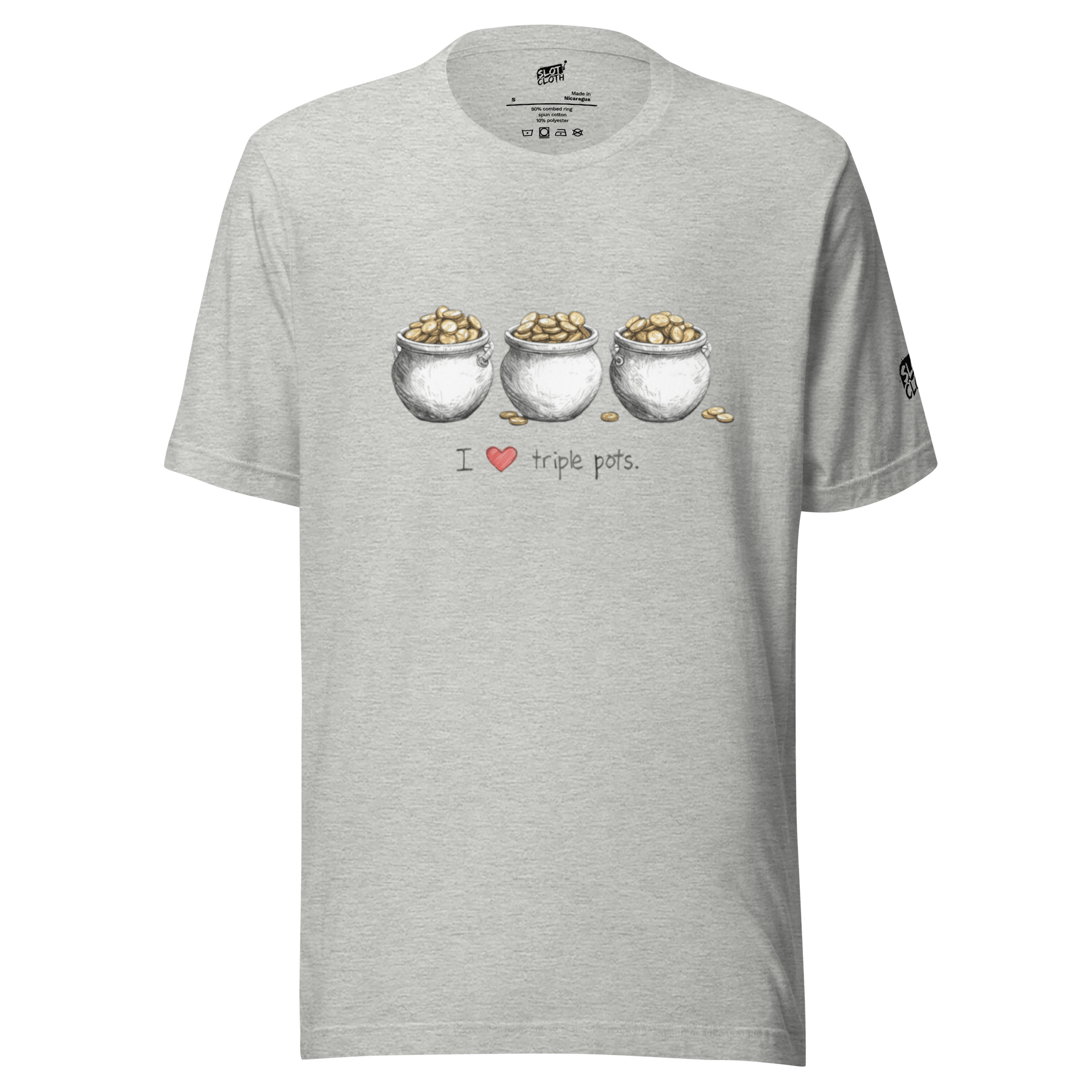 Gray t-shirt with 'I ❤️ triple pots' graphic, three pots of gold coins, slot-themed design for players