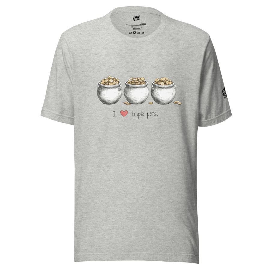 Gray t-shirt with 'I ❤️ triple pots' graphic, three pots of gold coins, slot-themed design for players