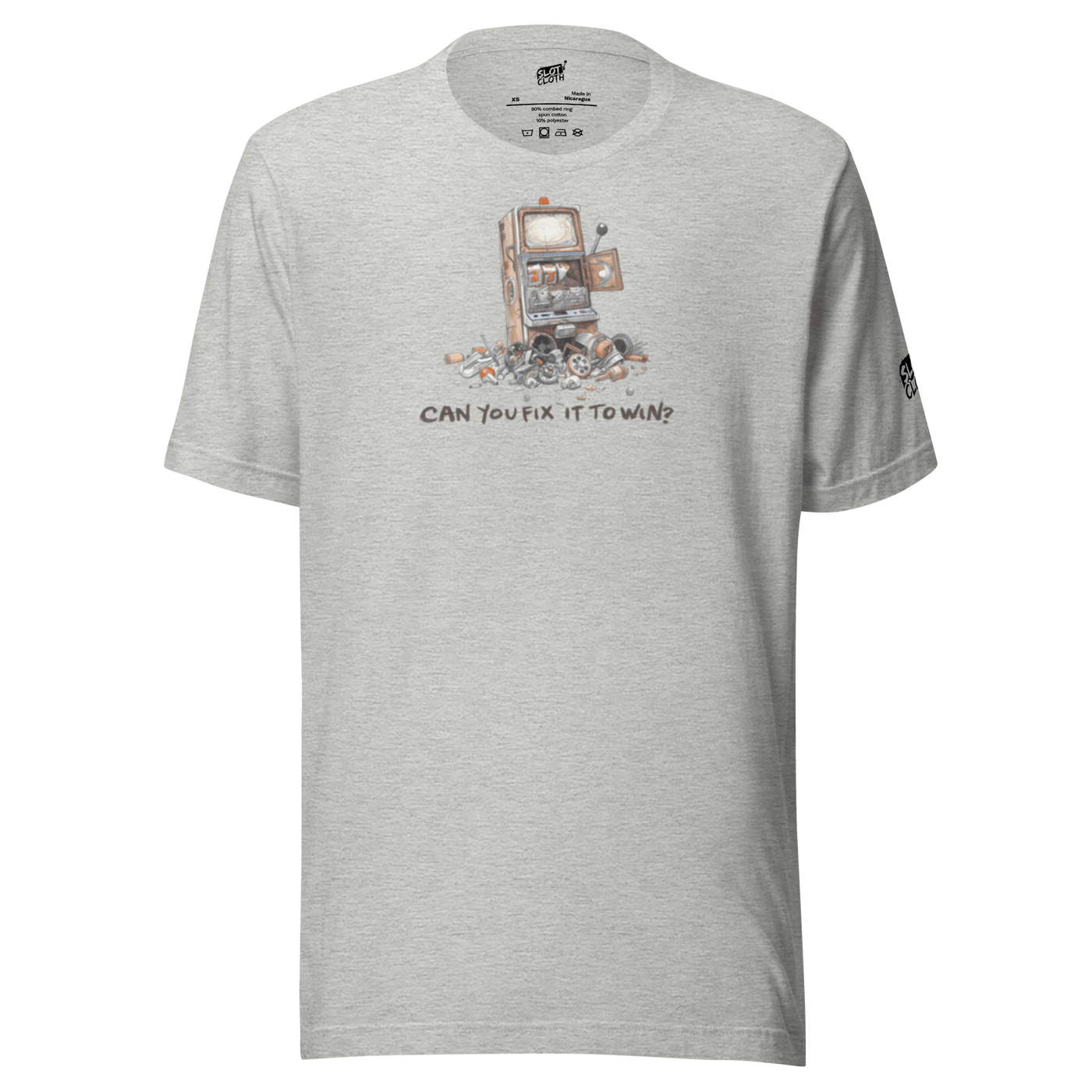 Gray t-shirt with broken slot machine graphic and text 'Can You Fix It To Win?'