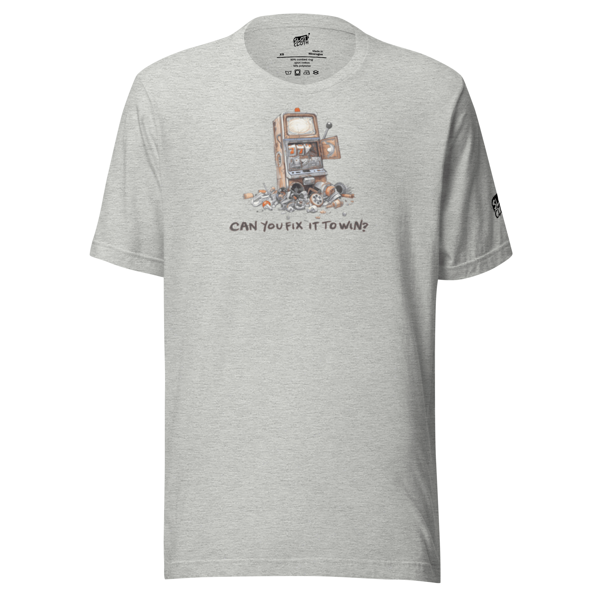 Gray t-shirt with broken slot machine graphic and text 'Can You Fix It To Win?'