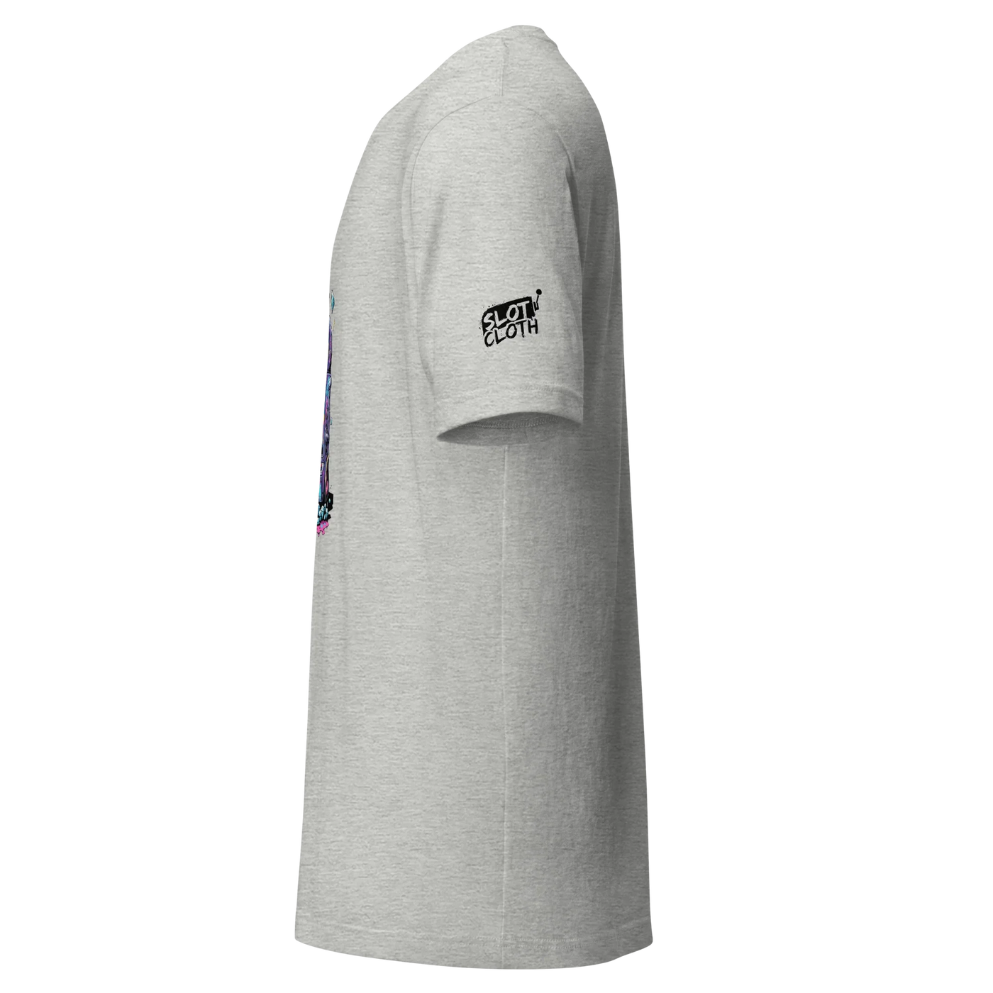 Gray t-shirt with Slot Cloth logo and colorful slot machine design on sleeve