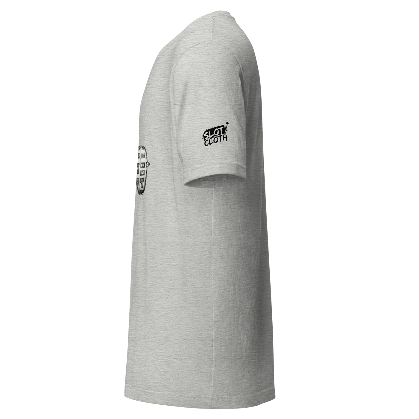 Gray slot-themed t-shirt with 'Slot Cloth' logo on sleeve and vintage slot machine graphic on side