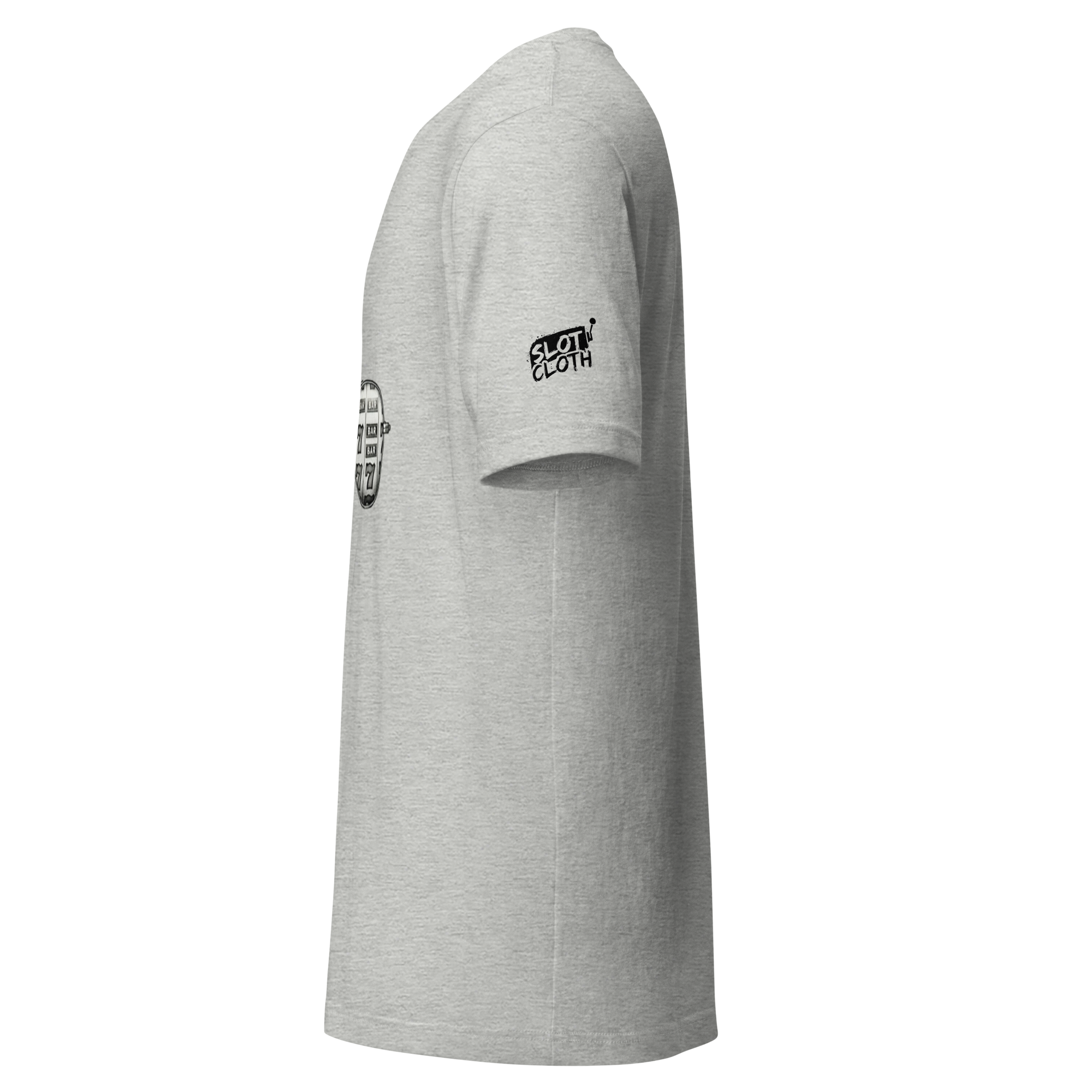 Gray slot-themed t-shirt with 'Slot Cloth' logo on sleeve and vintage slot machine graphic on side